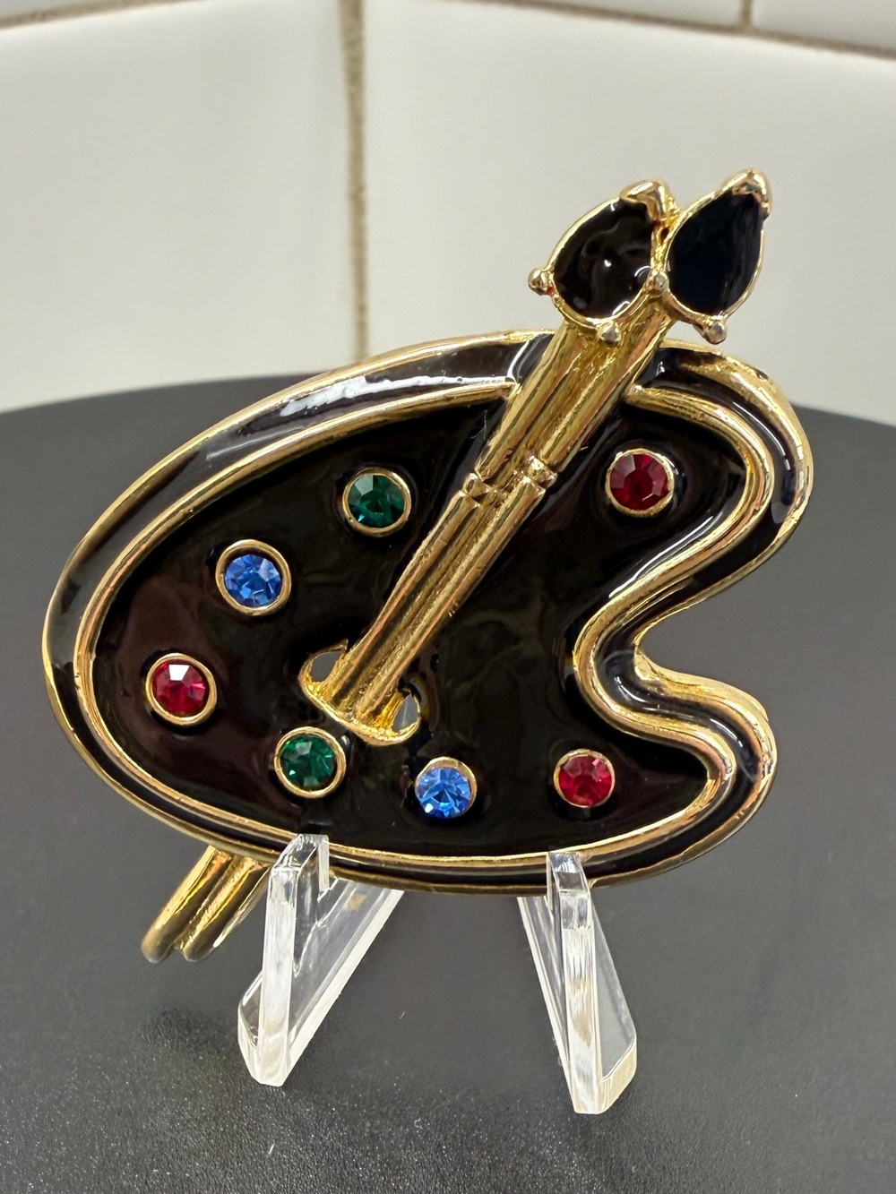 Artist Palette Brooch with Black Enamel and Multicolor Stones